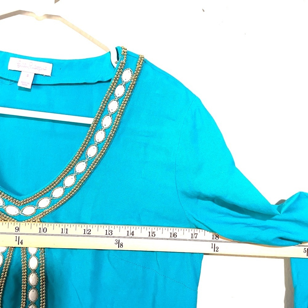 Lilly Pulitzer Tunic Top in Deep Cyan Blue Size S Gold Beaded Embellished - Picture 8 of 9